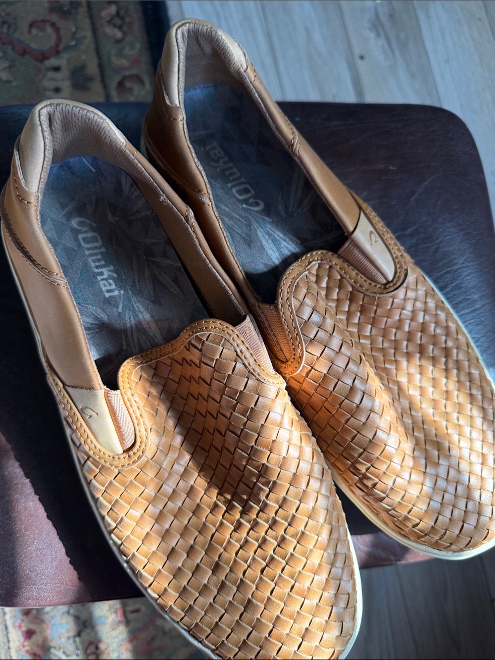 OluKai Men’s Woven leather Slip-On Sneakers - Cognac - Picture 6 of 12
